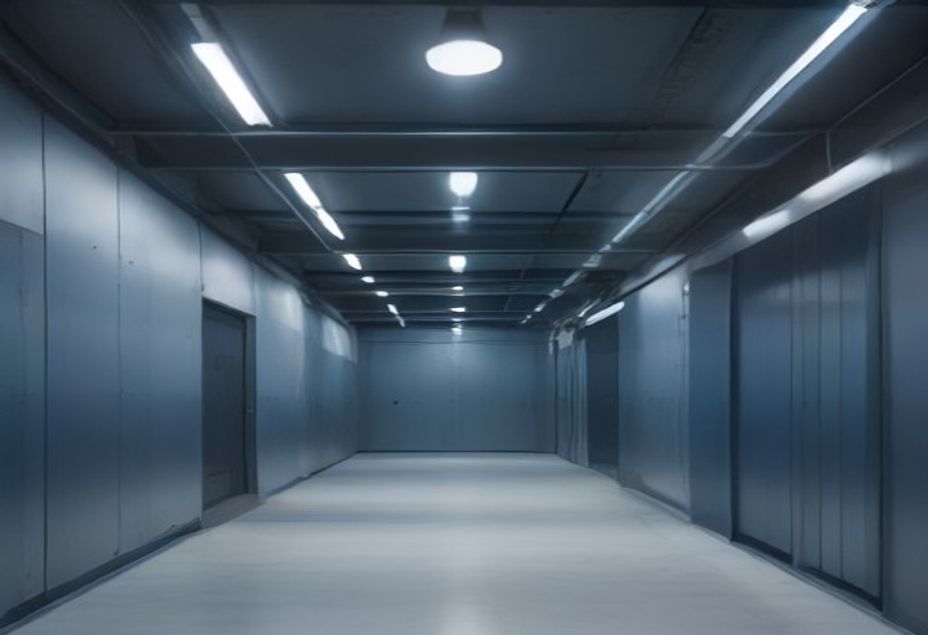 Corredor industrial refrigerado de frigorífico, com piso limpo e iluminação fria, sem pessoas, representando o frio, o ritmo e a repetição que a Norma Regulamentadora n.º 36 reconhece como risco