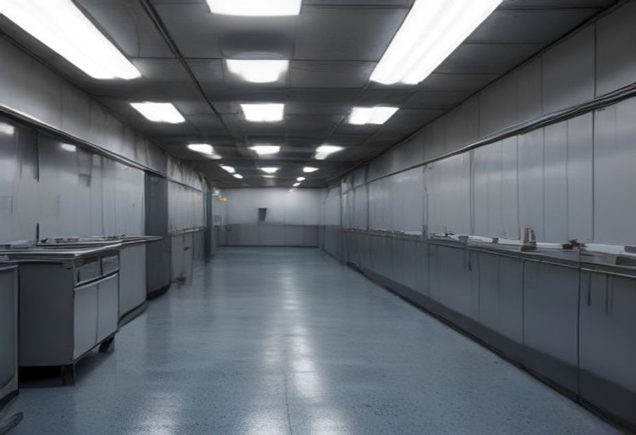 Corredor industrial refrigerado de frigorífico, com piso limpo e iluminação fria, sem pessoas, representando o frio contínuo e o ritmo de linha que a NR-36 reconhece como risco do abate