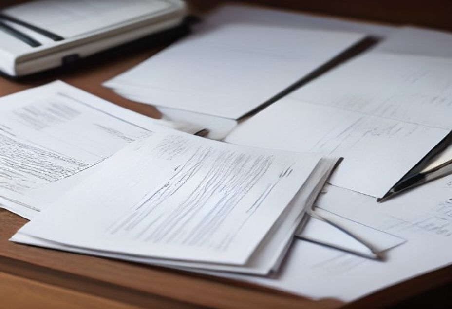 Documentos previdenciários e trabalhistas empilhados sobre a mesa, como perfil profissiográfico e laudo técnico, sem pessoas, evocando a contraprova documental que amarra a lesão ao trabalho no abate