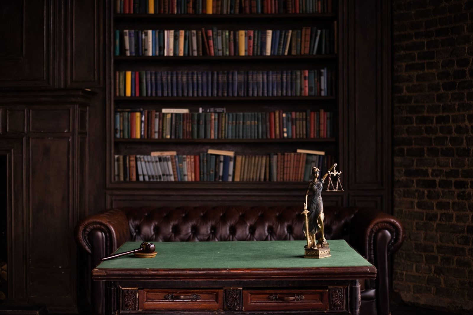 Estátua da Justiça segurando a balança e um martelo de madeira sobre mesa em biblioteca jurídica, sem pessoas