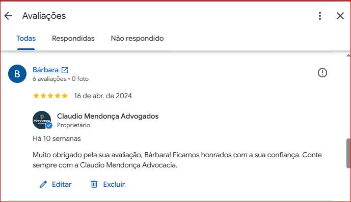 Avaliação pública do escritório no Google