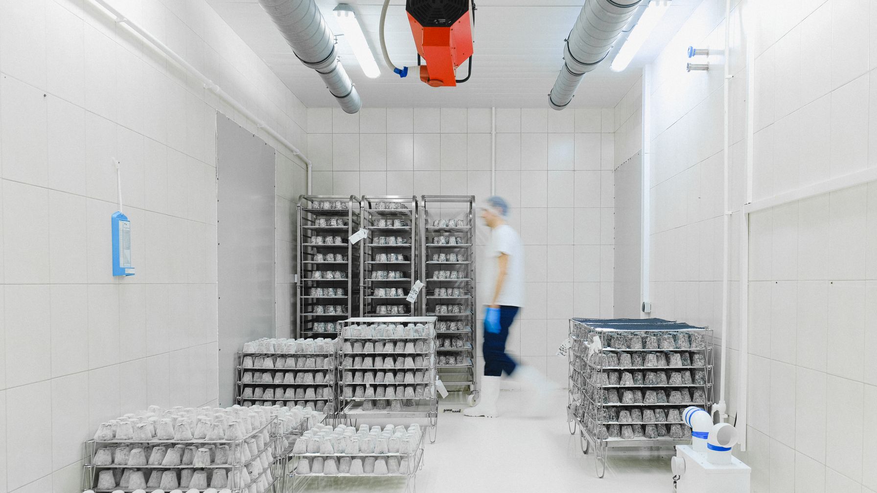 Termômetro industrial fixado na parede de uma câmara fria vazia, ilustrando a medição de temperatura que define o frio artificial do art. 253 da CLT